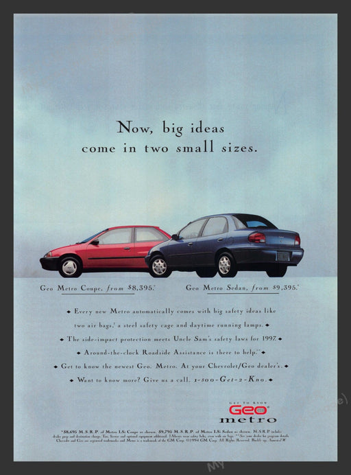 Chevrolet Geo Metro Coupe Sedan Two Small Sizes 1990s Print Advertisement 1995 Fetch the Paper!