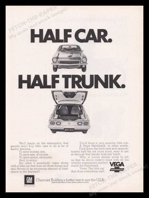 Chevrolet Vega 1970s Print Advertisement Ad 1972 "Half Car. Half Trunk" Fetch the Paper!