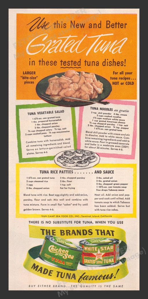 1948 Chicken of the Sea & Whtie Star Tuna Recipes Print Advertisement Ad