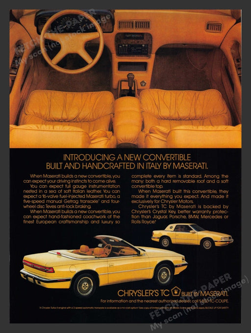 1989 Chrysler Maserati Covertible Interior Print Advertisement Ad