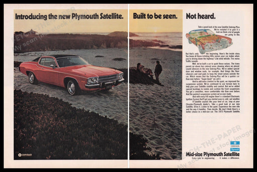 Chrysler Plymouth Satellite-Sebring Plus 1970s Print Ad (2 pages) 1972 Car Beach Fetch the Paper!