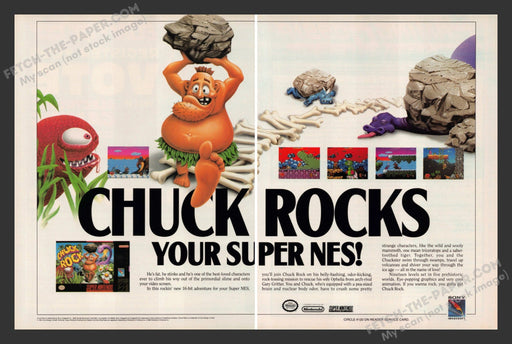 1992 Print Advertisement 2 Page Chuck Rock Video Game Ad.