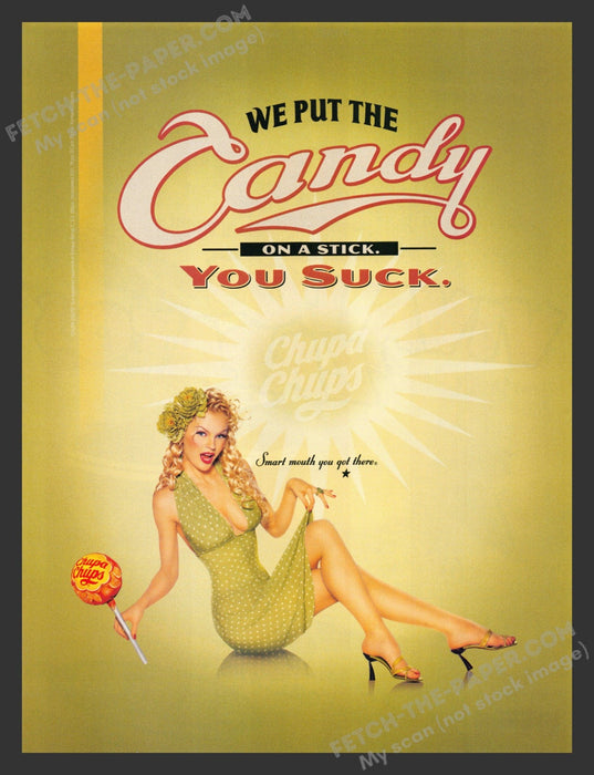 2001 Chupa Chups Candy "You Suck" Girl Lollipop Print Advertisement.