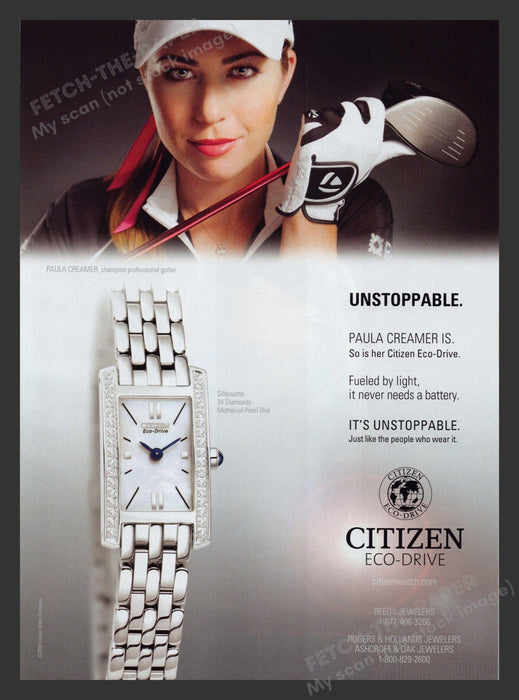 Citizen 2000s Print Advertisement 2009 Eco-Drive Watch Paula Creamer Golfer Fetch the Paper!