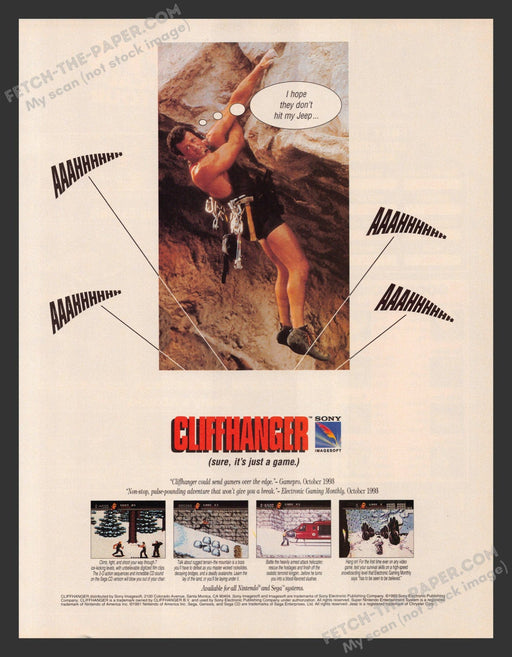 1993 Print Advertisement Cliffhanger Silvester Stallone Celebrity Video Game Ad.