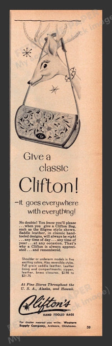 1956 Clifton Hand Tooled Bags Reindeer Print Advertisement Ad