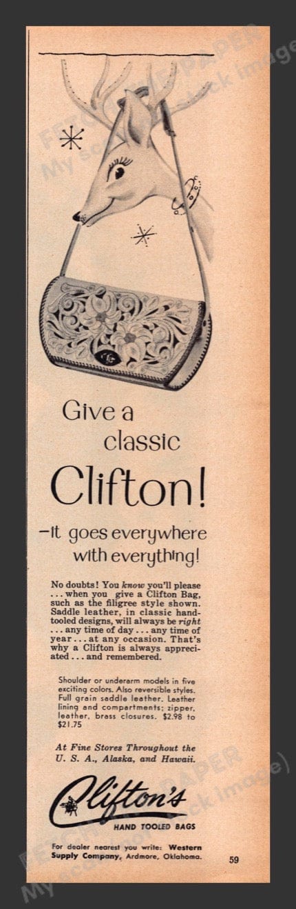 1956 Clifton Hand Tooled Bags Reindeer Print Advertisement Ad