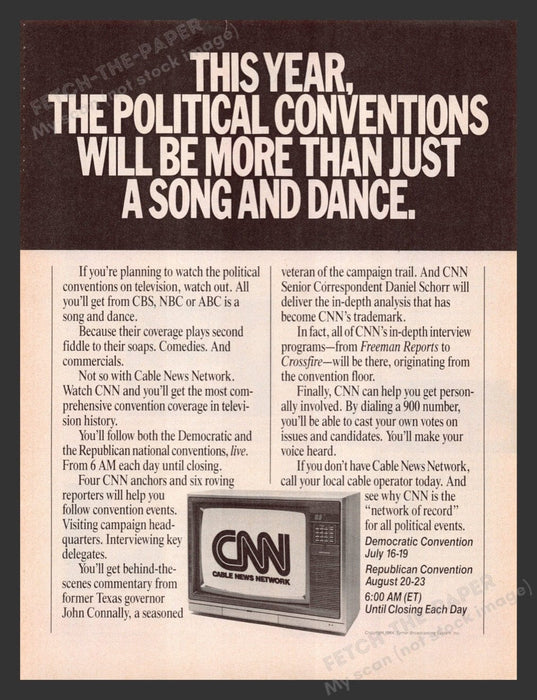1984 CNN T.V. "News" Show Political Conventions Print Advertisement Ad