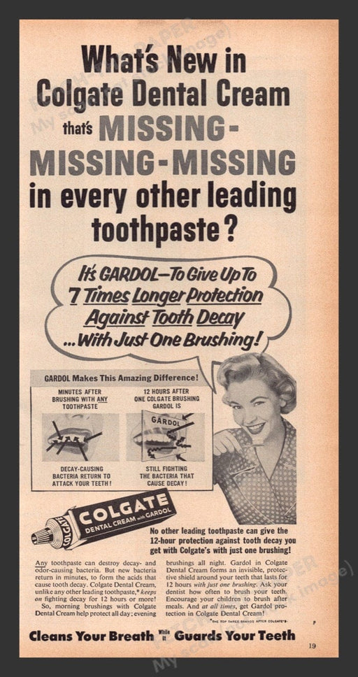 1956 Colgate Dental Cream with Gardol Print Advertisement Ad