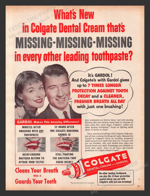 1956 Colgate with Gardol Couple Cleans Breath & Teeth Print Advertisement Ad