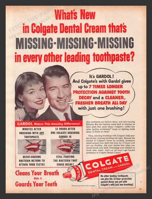1956 Colgate with Gardol Couple Cleans Breath & Teeth Print Advertisement Ad