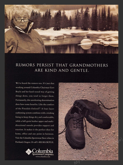 2000 Columbia Pinedale Oxford Shoe Gert Boyle Print Advertisement Ad