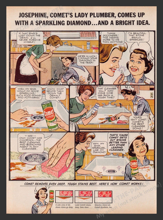 Comet 1960s Print Advertisement 1964 Josephine Lady Plumber Cartoon Clean Sink Fetch the Paper!