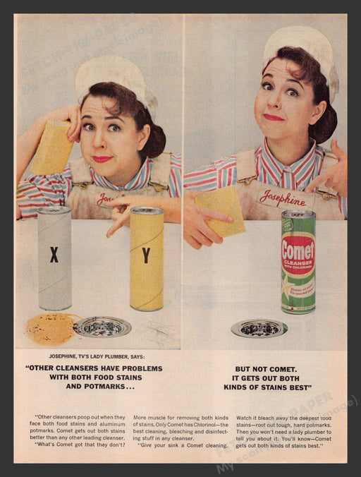 Comet 1960s Print Advertisement 1964 Josephine Lady Plumber Sink Cleaner Fetch the Paper!