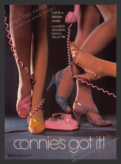 1983 Connie's Shoes Sexy Feet Legs & Pink Telephone Print Advertisement Ad