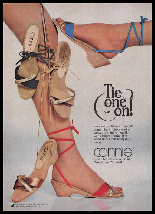 Connie Shoes Tie One On 1980s Print Advertisement Ad 1982 Feet Legs Fetch the Paper!