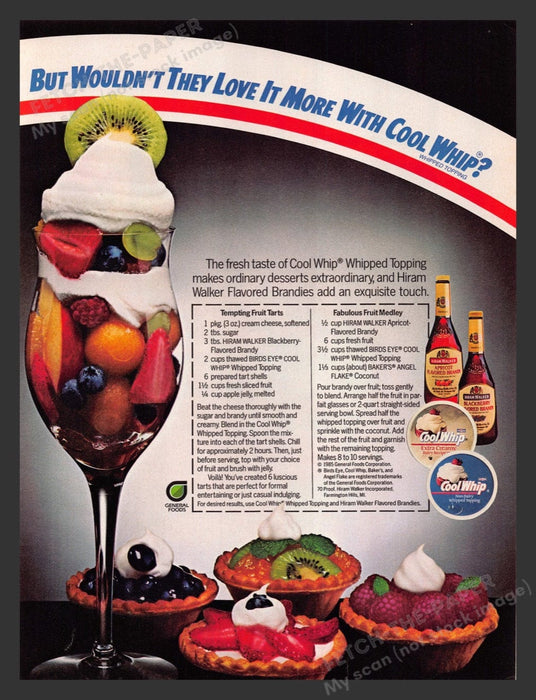 1985 Cool Whip & Hiram Walker Brandies Recipes Print Advertisement Ad
