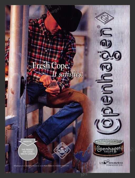 2002 Copenhagen Snuff Tobacco Cowboy Sitting on Fence Print Advertisement Ad.