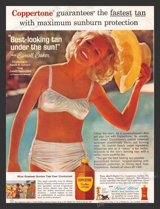 1964 Coppertone Suntan Lotion Carroll Baker Swimsuit Print Advertisement Ad