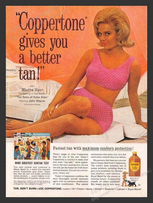 1964 Coppertone Suntan Lotion Martha Hyer Print Advertisement Ad