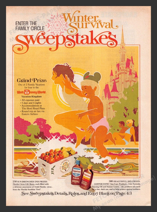 1981 Coppertone Winter Survival Sweepstakes Disney World Print Advertisement Ad
