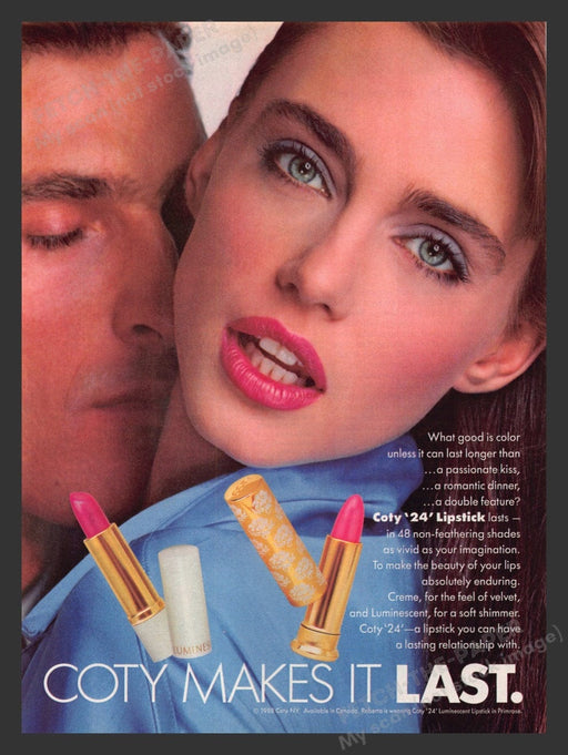 1988 Coty Makes it Last Open Mouth Lipstick Cosmetics Print Advertisement Ad