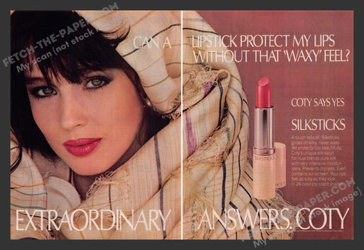 1983 Print Advertisement 2 Page Coty Silksticks Lipstick Gorgeous Eyes Ad.