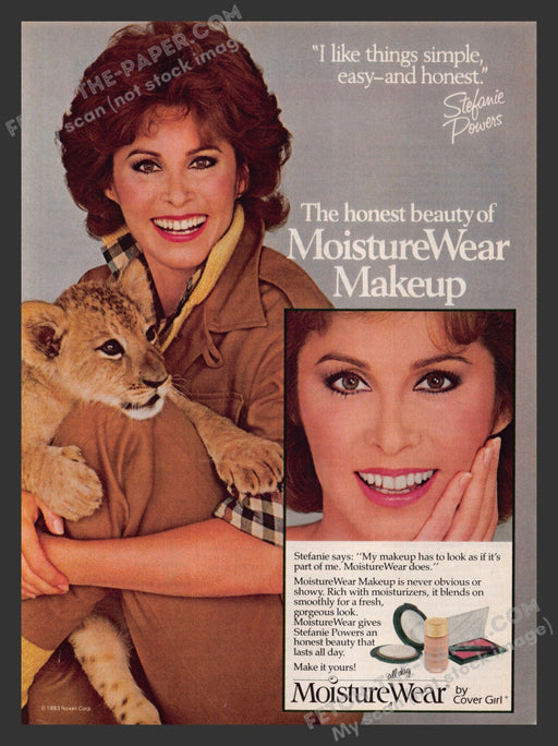 1983 Print Advertisement Cover Girl Moisture Wear Stefanie Powers Actress Lion.