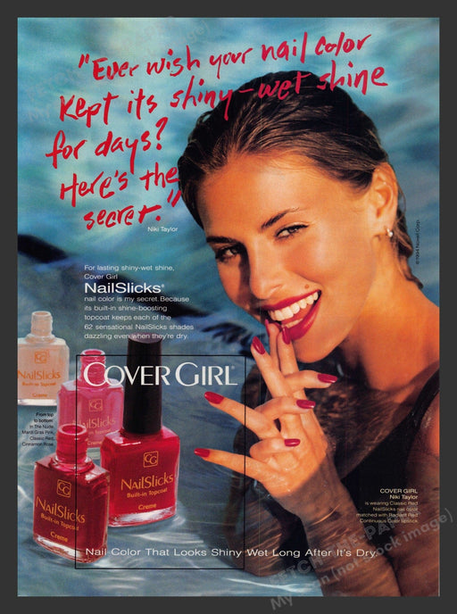 Cover Girl 1990s Print Advertisement 1994 Cosmetics Niki Taylor NailSlicks Pool Fetch the Paper!
