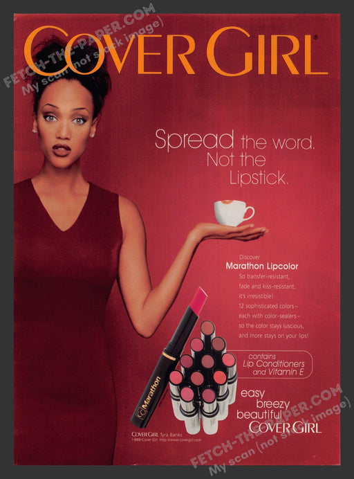 1997 Print Advertisement Cover Girl Tyra Banks Fashion Model Marathon Lipcolor.