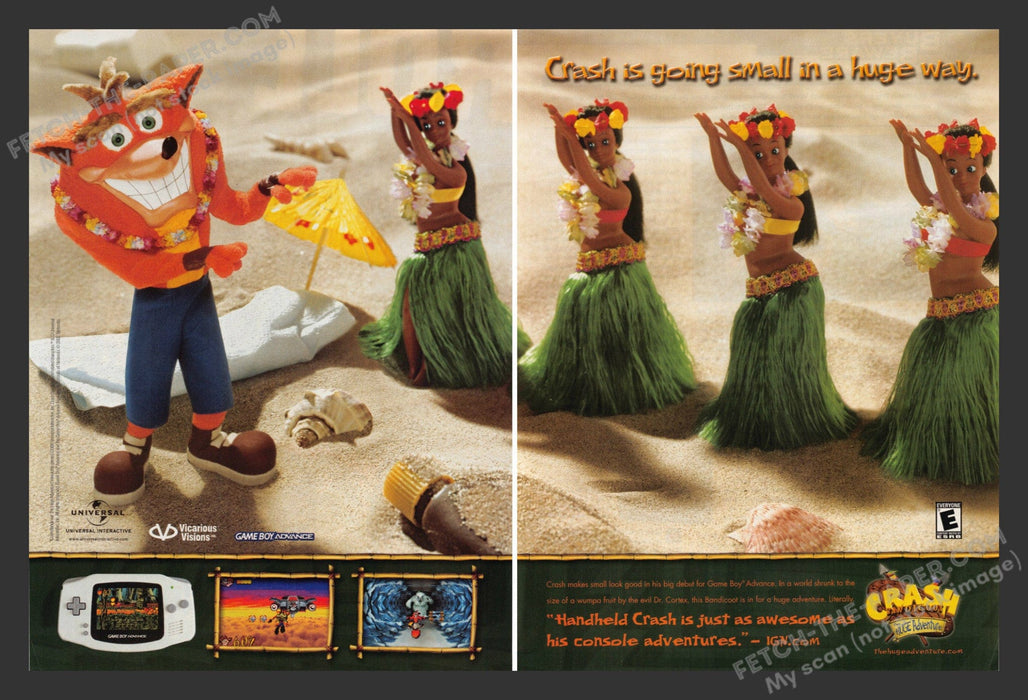 2002 Print Advertisement 2 Page Crash Bandicoot: The Huge Adventure Game Ad.