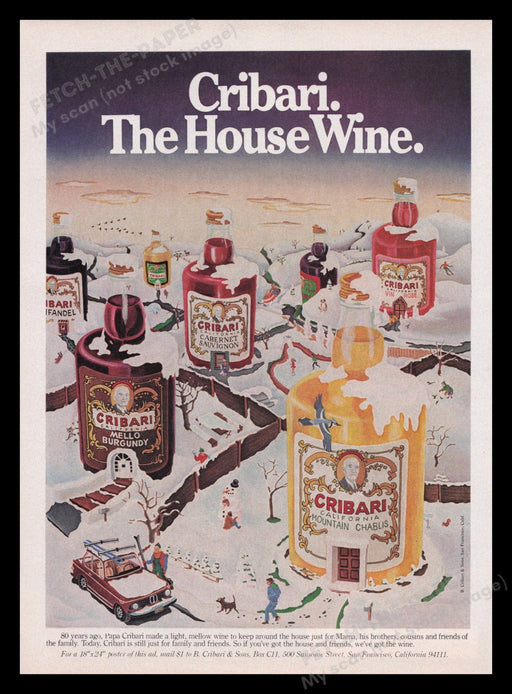 Cribari House Wine 1970s Print Advertisement Ad 1979 Papa Mama Snow Town Fetch the Paper!