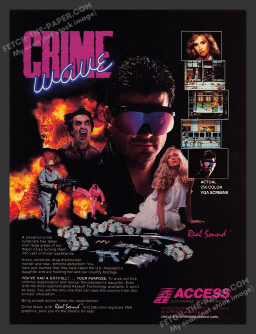 1990 Print Advertisement Crime Wave Video Game Ad.