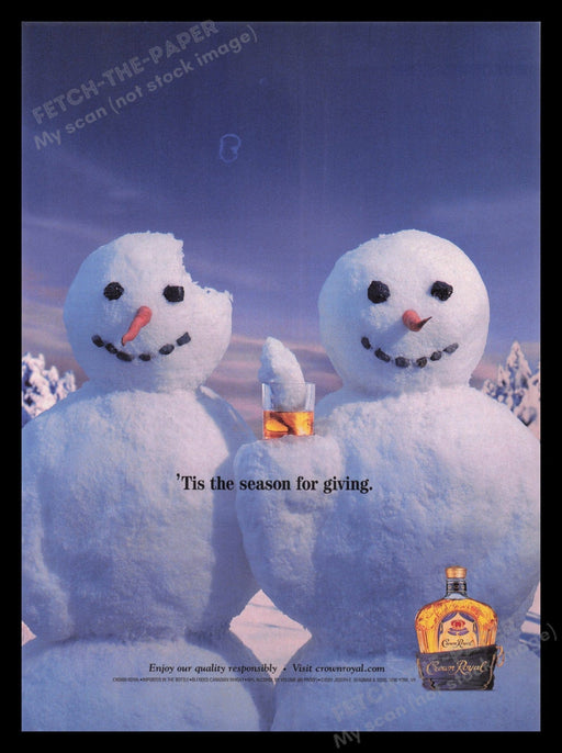 Crown Royal 2000s Print Advertisement Ad 2001 Snowmen "The Season for Giving" Fetch the Paper!