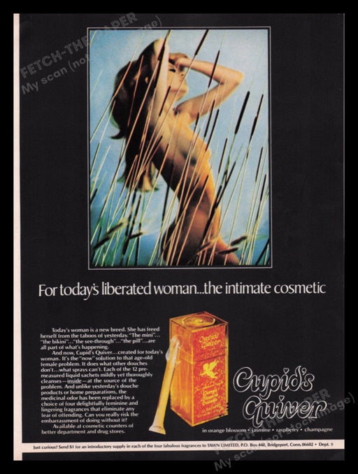 Cupid's Quiver Feminine 1970s Print Advertisement Ad 1970 Naked Model Cattails Fetch the Paper!