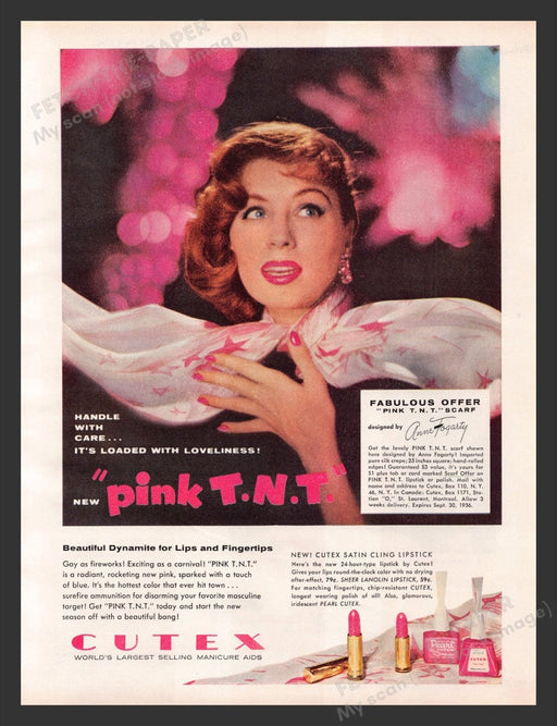1956 Cutex "Pink T.N.T." Lips & Nails Anne Fogarty Color Print Advertisement Ad