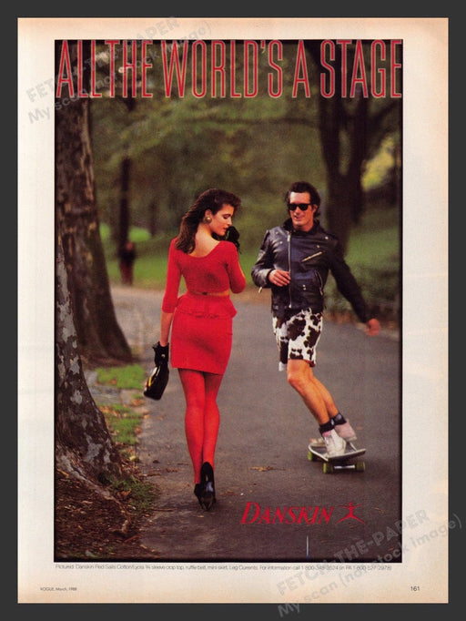 1988 Danskin Women's Dress & Red Tights Skateboarder Dude Print Advertisement Ad