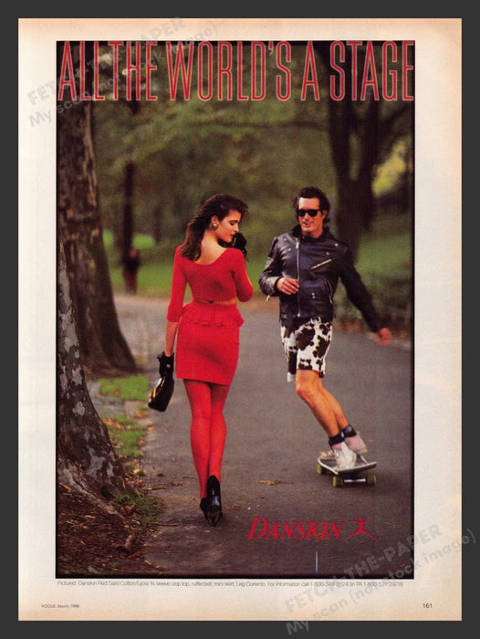 1988 Danskin Women's Dress & Red Tights Skateboarder Dude Print Advertisement Ad