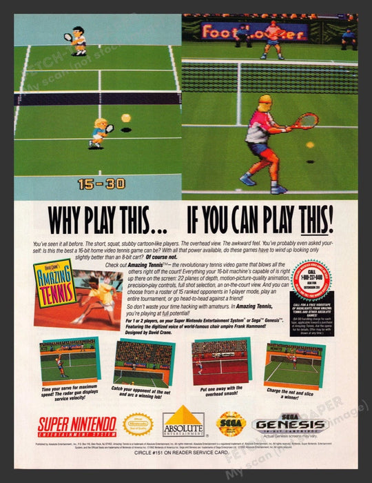 1992 David Crane's Amazing Tennis Video Game Print Advertisement