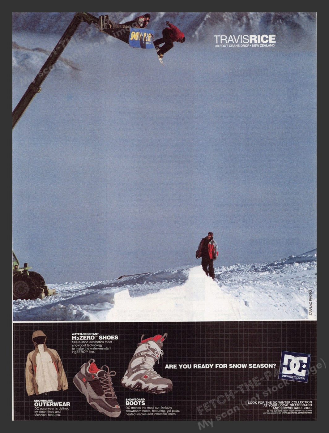 DC Shoes Travis Rice 2003 Print Ad - 30-foot Crane Drop — Fetch-the-Paper