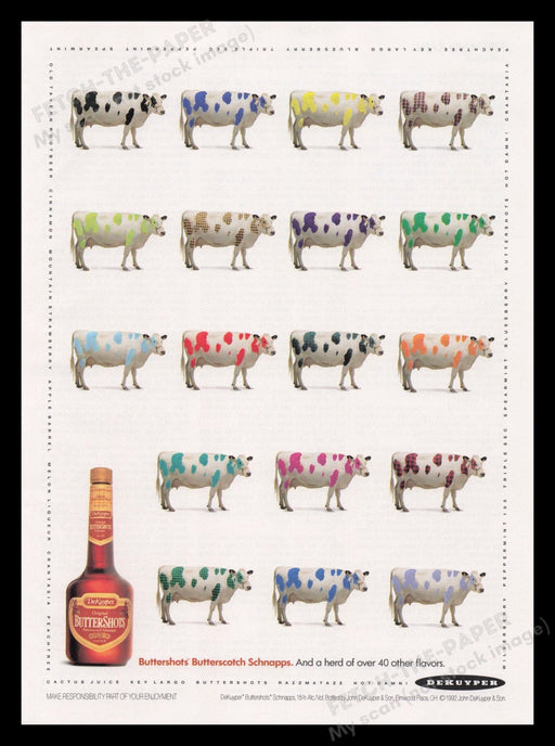 DeKuyper ButterShots 1990s Print Advertisement Ad 1993 Colorful Cows Fetch the Paper!