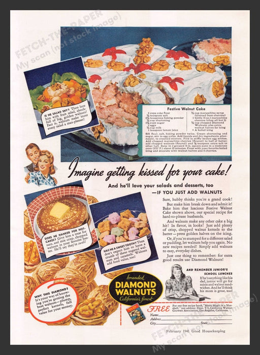 1941 Diamond Walnuts Festive Walnut Cake Recipe Print Advertisement Ad