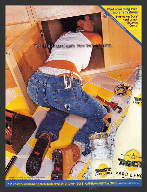 2002 Doc's Hard Lemon Alcohol Whale Tail Female Plumber Print Advertisement.
