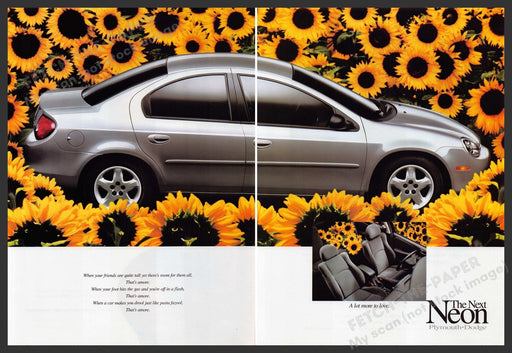 Dodge Neon Car 1990s Print Advertisement (2 pages) 1999 Sunflower Field Fetch the Paper!