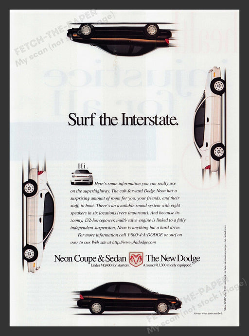 Dodge Neon "Surf the Interstate" 1990s Print Advertisement Ad 1996 Fetch the Paper!