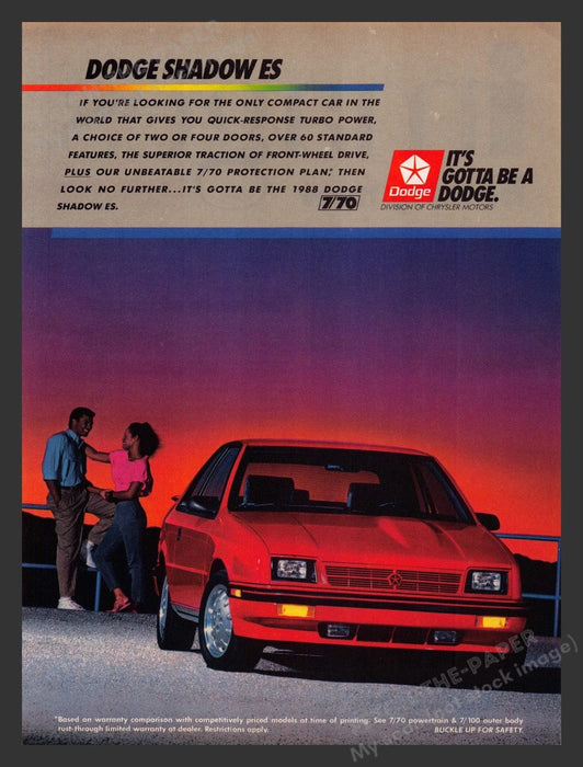 1988 Dodge Shadow ES Couple at Sunset Print Advertisement Ad