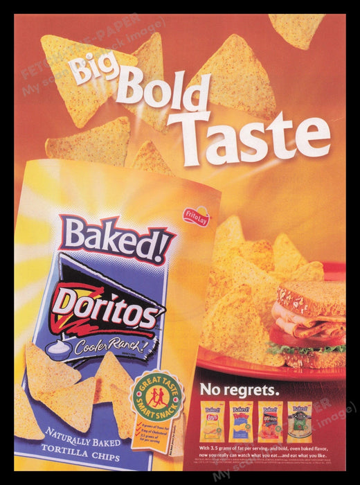 Doritos 2000's Print Advertisement Ad 2004 Baked "No Regrets" Chips Promo Fetch the Paper!