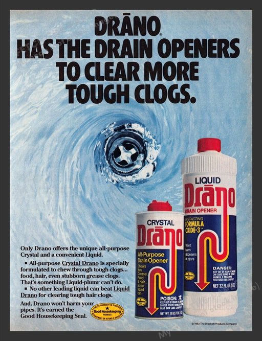 1984 Drano Whirlpool Water Down the Drain Print Advertisement Ad