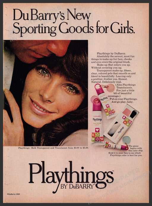 DuBarry Playthings Makeup 1960s Print Advertisement 1969 Cosmetics Fetch the Paper!