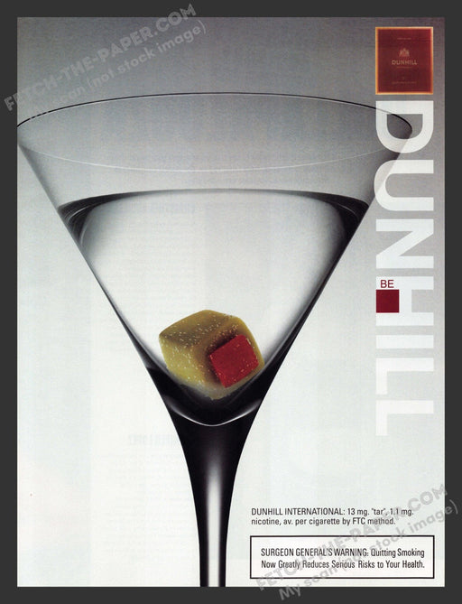 2002 Print Advertisement Dunhill Cigarettes Martini Glass Ad.